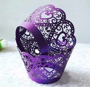 Detailed laser-cut purple heart pattern cupcake wrapper made of premium pearlescent paper
