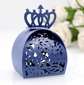 Detail view of laser-cut floral pattern and crown handle on navy blue wedding favor box