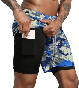 Detail of blue camo athletic shorts with hidden phone pocket in the inner layer