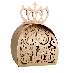 Champagne gold laser-cut wedding candy box with elegant crown top and floral lace patterns