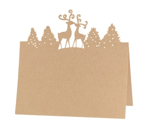 Detailed laser-cut reindeer and forest silhouette on kraft paper place cards