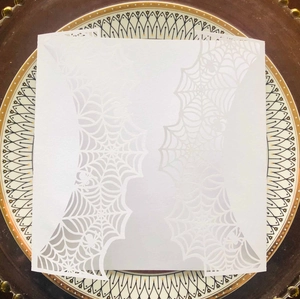 Detail of laser-cut white spider web card featuring intricate Halloween patterns and a spider