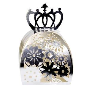 Silver laser-cut candy box with crown design for weddings and festive decorations