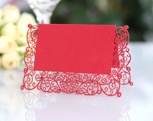 Elegant red laser-cut butterfly place cards with heart hollow lace design for weddings