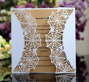 Detail of laser-cut spider web card with kraft paper insert for Halloween party invitations