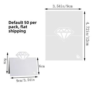 Detailed size chart of white laser-cut diamond name cards showing 9x12cm flat dimensions