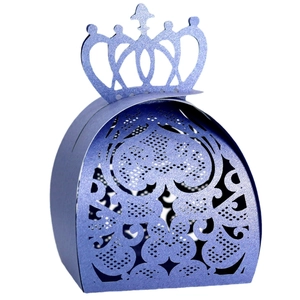 Detailed laser-cut purple crown candy box with intricate floral patterns for weddings
