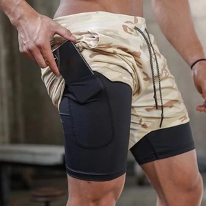 Men's 2-in-1 quick-dry gym shorts with camouflage pattern and built-in phone pocket