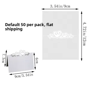 Detailed size guide for white laser-cut heart table cards with flat shipping dimensions