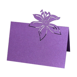 Purple glitter laser cut lily place card with 3D hollow design for wedding table setting