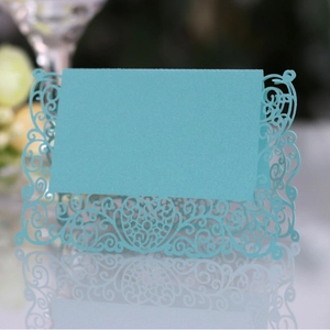 Tiffany blue laser-cut lace place card with heart-shaped hollow design and pearlescent finish