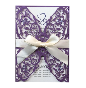 Laser cut purple butterfly wedding invitation card with elegant cream ribbon and bow