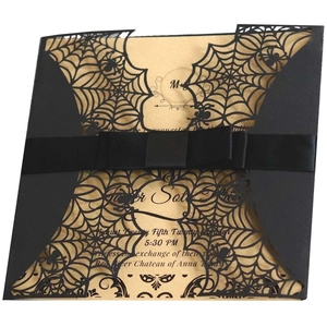 Laser-cut spider web Halloween invitation card with black ribbon and kraft paper insert