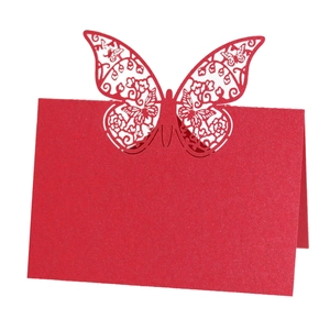 3D hollow laser-cut butterfly place card in red pearlescent paper for wedding table decor