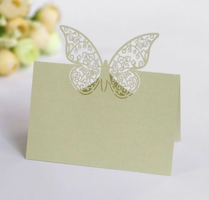 Macro detail of laser-cut hollow butterfly table card in light green paper