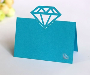 Royal blue laser cut place card with hollow diamond top for wedding table setting
