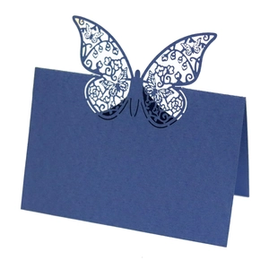 Navy blue hollow laser cut butterfly place card with stand-up 3D folding design