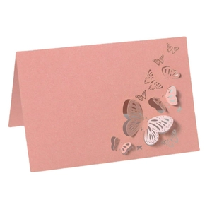 3D laser-cut butterfly place card in pink pearlescent paper for wedding table decor