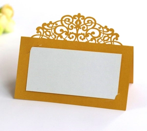 Elegant gold laser cut lace place card with white insert for wedding guest seating