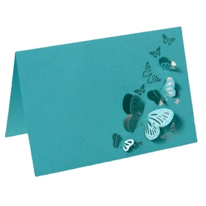 3D hollow laser-cut butterfly place card in turquoise for wedding table decor