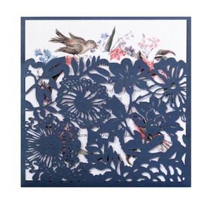 Laser cut navy blue floral wedding invitation with vintage floral pattern insert card