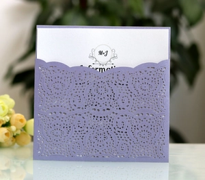 Elegant laser-cut purple floral pocket wedding invitation with white insert card