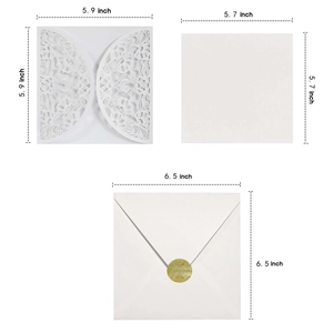 Detailed dimensions of laser cut floral invitation card with white envelope and inner sheet