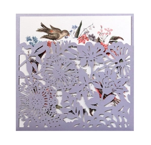 Laser cut lavender floral wedding invitation with colorful bird and flower insert