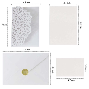 Detailed dimensions of laser-cut rose wedding invitation set with envelopes and stickers
