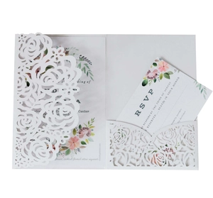 Detail of laser-cut rose wedding invitation set with floral inner cards and RSVP