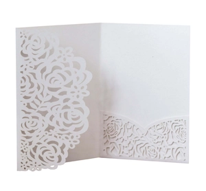 Detail of white laser-cut floral invitation cover with elegant rose patterns and inner pocket