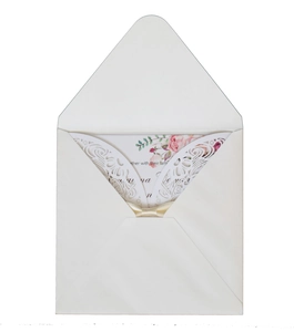 Elegant laser cut wedding invitation with white floral lace sleeve and satin ribbon bow