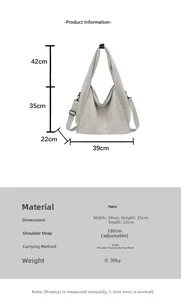 Detailed dimension guide for the large grey fabric tote bag with adjustable shoulder strap