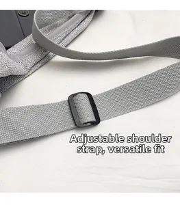 Detail of grey woven shoulder strap with adjustable black matte buckle for handbags
