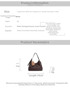 Detailed size chart for brown PU leather underarm bag with dimensions and capacity info