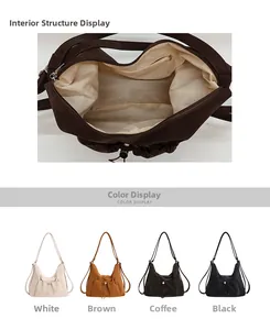 Detail of spacious tote bag interior and four minimalist color options in suede texture
