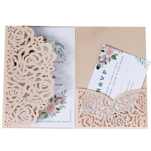 Laser cut rose wedding invitation suite in dark green and gold with RSVP card