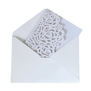 Elegant laser-cut rose wedding invitation set with white envelope and floral hollow card