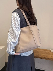 Retro beige leather tote bag with silver studs for women's autumn winter fashion commute