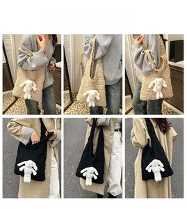 Detail shots of knit tote bags featuring cute plush bunny charms in casual daily scenes