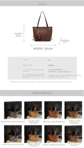 Detailed technical specifications and size chart for the large PU leather tote bag with dimensions