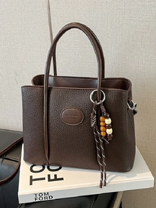 Fashion Litchi Grain PU Leather Bucket Bag For Women Retro Large Capacity Shoulder Messenger Bag With Wooden Bead Charm