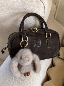 Retro Women PU Leather Boston Bag Fashion Solid Color Pillow Handbag With Plush Rabbit Pendant Crossbody Bag Small Tote Bag
