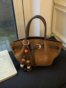 Retro Suede Texture PU Leather Bucket Bag For Women Minimalist Large Tote Bag With Bead Charm Crossbody Shoulder Handbag