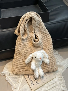 Cute Rabbit Plush Charm Knitted Shoulder Bag Large Capacity Tote Bag Yarn Diamond Pattern Crochet Handbag For Women Gift