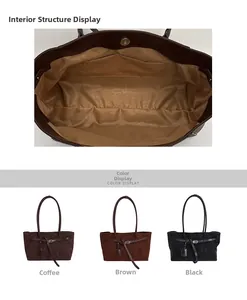 Detail view of large tote bag interior and color options in brown, coffee, and black