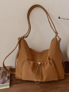 Caramel brown large capacity PU leather shoulder tote bag with adjustable straps