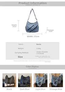 Detailed size chart for denim tote bag showing dimensions 31x25x12cm and weight 0.32kg