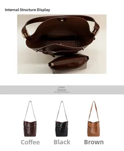 Détails de grands sacs seaux en trois couleurs avec pochettes intérieures zippées assorties