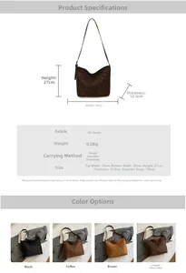 Detailed dimension guide and color options for the retro minimalist hobo shoulder bag